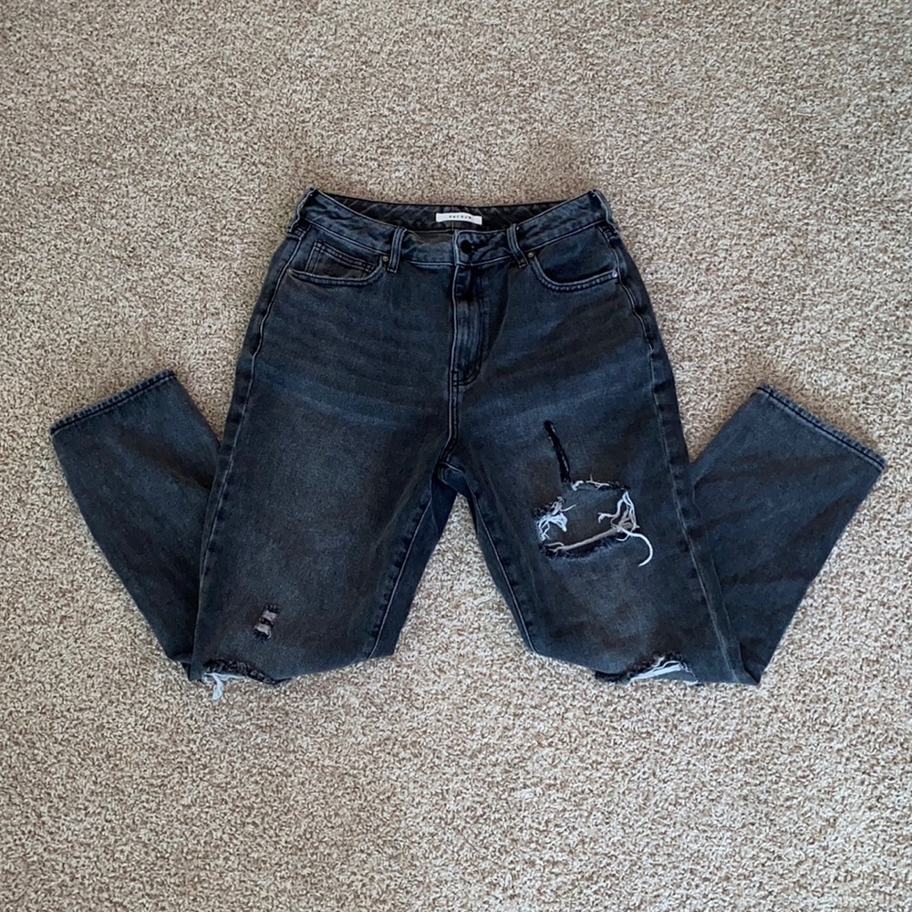 PacSun Women’s Black Washed Straight Leg Jeans with Distressed Knee